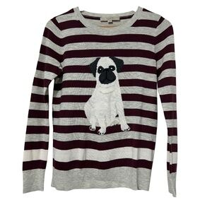 Loft Womens Pug Dog Sweater Size XS Striped Business Casual Autumn Fall
